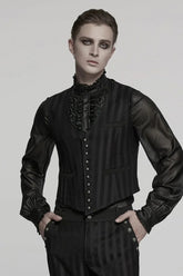 Black V Collar Sleeveless Striped Print Buckle Men's Punk Vest